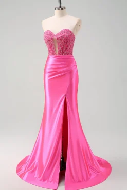 Fuchsia querida sereia cetim longo espartilho vestido de baile com apliques