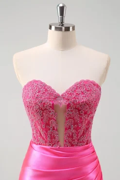 Fuchsia querida sereia cetim longo espartilho vestido de baile com apliques