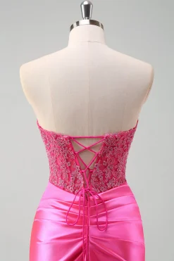 Fuchsia querida sereia cetim longo espartilho vestido de baile com apliques