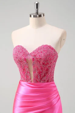 Fuchsia querida sereia cetim longo espartilho vestido de baile com apliques