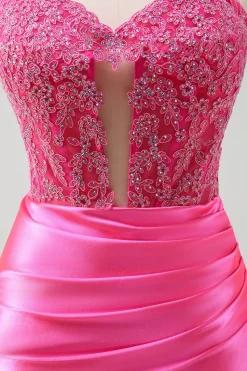 Fuchsia querida sereia cetim longo espartilho vestido de baile com apliques