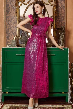 Fuchsia Ruffle Mangas Longo Vestido de Baile