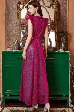 Fuchsia Ruffle Mangas Longo Vestido de Baile