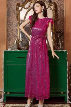 Fuchsia Ruffle Mangas Longo Vestido de Baile