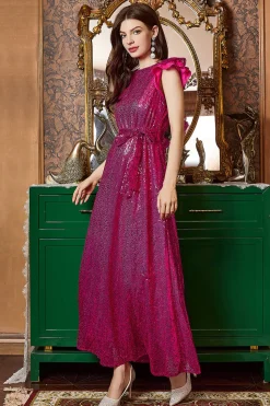 Fuchsia Ruffle Mangas Longo Vestido de Baile