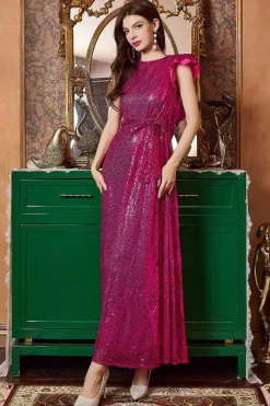 Fuchsia Ruffle Mangas Longo Vestido de Baile