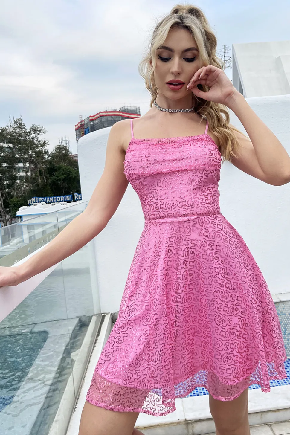 Fuchsia Sem Costas Lantejoulas Vestido curto de regresso a casa