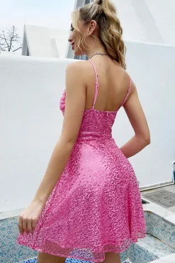 Fuchsia Sem Costas Lantejoulas Vestido curto de regresso a casa