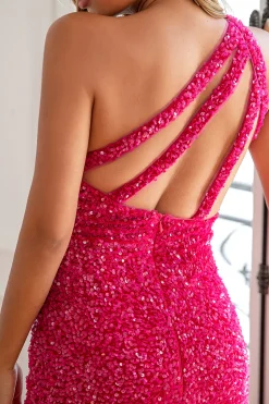 Fuchsia Sequin Longo vestido de baile com fenda