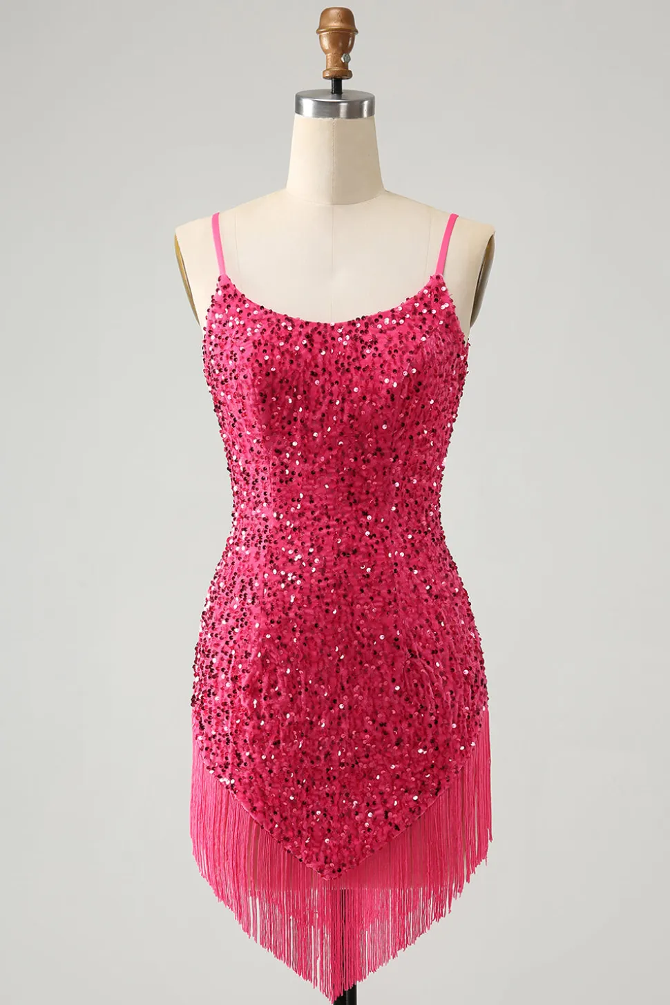 Fuchsia Sequins Esparguete Alças Vestido Curto Homecoming com Tassels