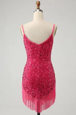 Fuchsia Sequins Esparguete Alças Vestido Curto Homecoming com Tassels