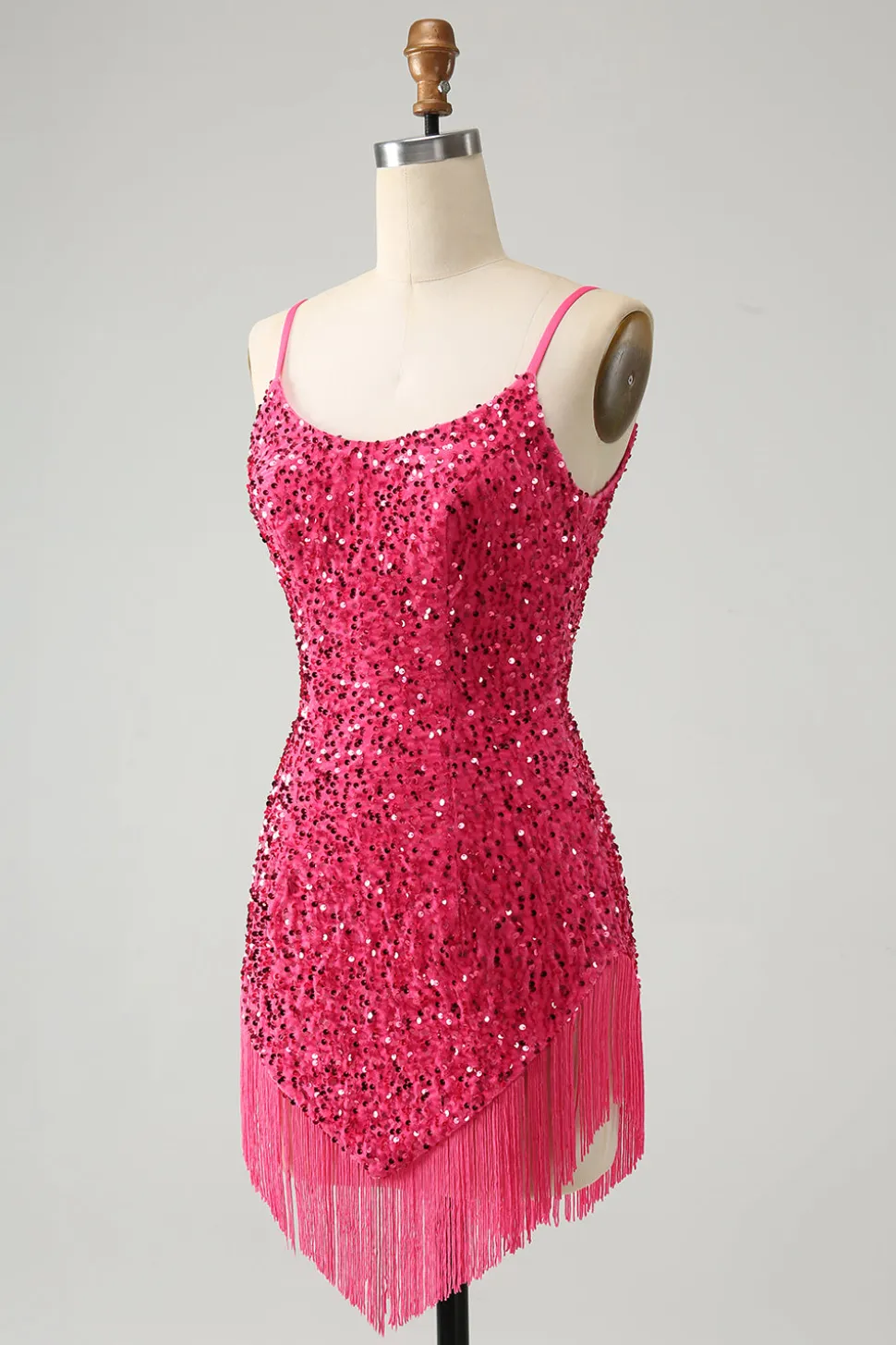 Fuchsia Sequins Esparguete Alças Vestido Curto Homecoming com Tassels