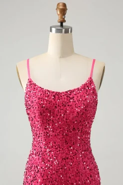 Fuchsia Sequins Esparguete Alças Vestido Curto Homecoming com Tassels
