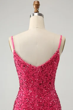 Fuchsia Sequins Esparguete Alças Vestido Curto Homecoming com Tassels