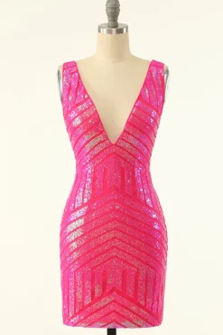 Fuchsia Sequins V-Neck Tight Homecoming Dress
