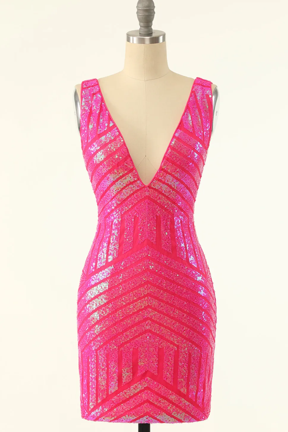 Fuchsia Sequins V-Neck Tight Homecoming Dress