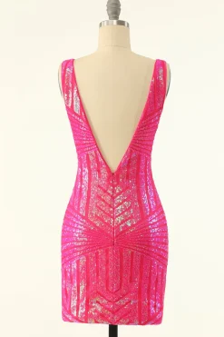 Fuchsia Sequins V-Neck Tight Homecoming Dress