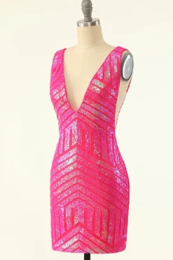 Fuchsia Sequins V-Neck Tight Homecoming Dress