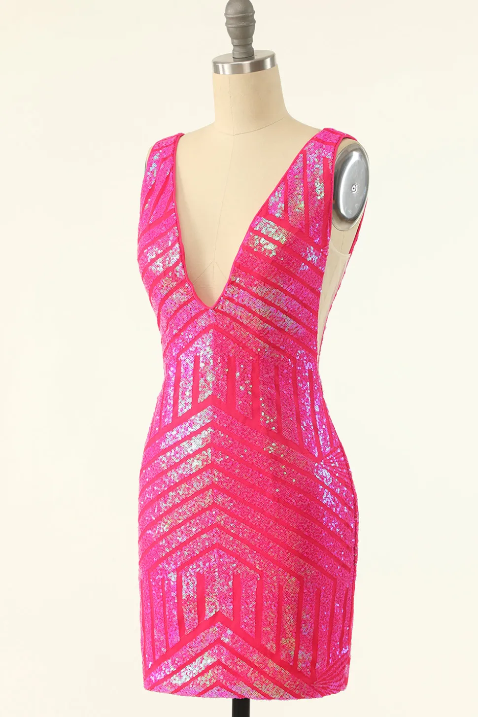 Fuchsia Sequins V-Neck Tight Homecoming Dress