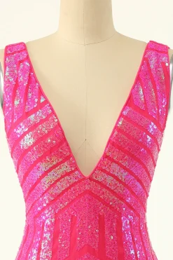Fuchsia Sequins V-Neck Tight Homecoming Dress