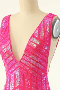 Fuchsia Sequins V-Neck Tight Homecoming Dress