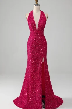 Fuchsia Sereia Halter Vestido de baile de lantejoulas com fenda