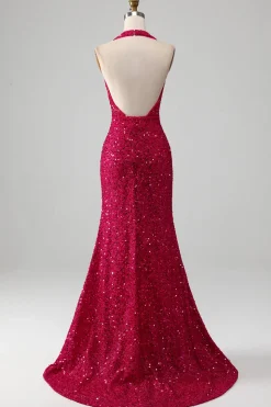 Fuchsia Sereia Halter Vestido de baile de lantejoulas com fenda