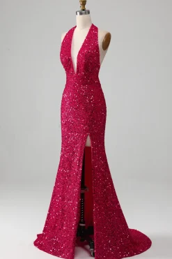 Fuchsia Sereia Halter Vestido de baile de lantejoulas com fenda