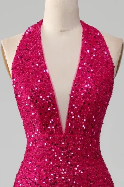 Fuchsia Sereia Halter Vestido de baile de lantejoulas com fenda