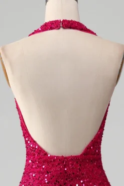 Fuchsia Sereia Halter Vestido de baile de lantejoulas com fenda