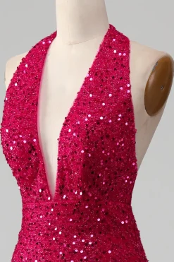 Fuchsia Sereia Halter Vestido de baile de lantejoulas com fenda