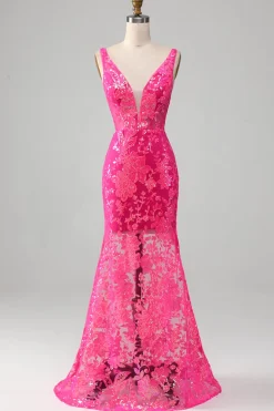 Fuchsia Sereia Vestido de Baile com Sequins