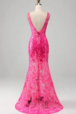 Fuchsia Sereia Vestido de Baile com Sequins