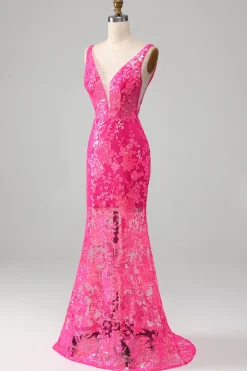 Fuchsia Sereia Vestido de Baile com Sequins