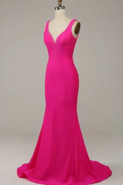 Fuchsia Sereia Vestido de Festa Com Contas Gola em V