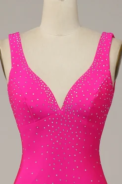 Fuchsia Sereia Vestido de Festa Com Contas Gola em V
