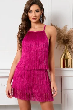 Fuchsia Short Homecoming Dress com Franjas