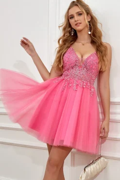 Fuchsia Spaghetti Tiras Vestido de festa curto sem costas linha A