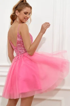Fuchsia Spaghetti Tiras Vestido de festa curto sem costas linha A