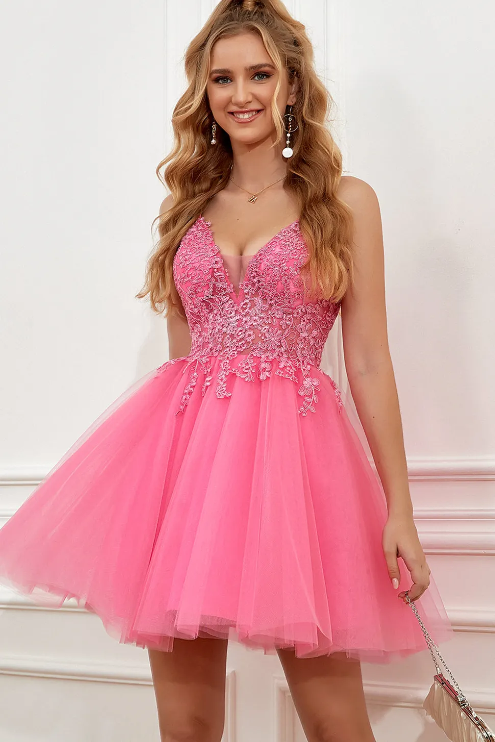 Fuchsia Spaghetti Tiras Vestido de festa curto sem costas linha A
