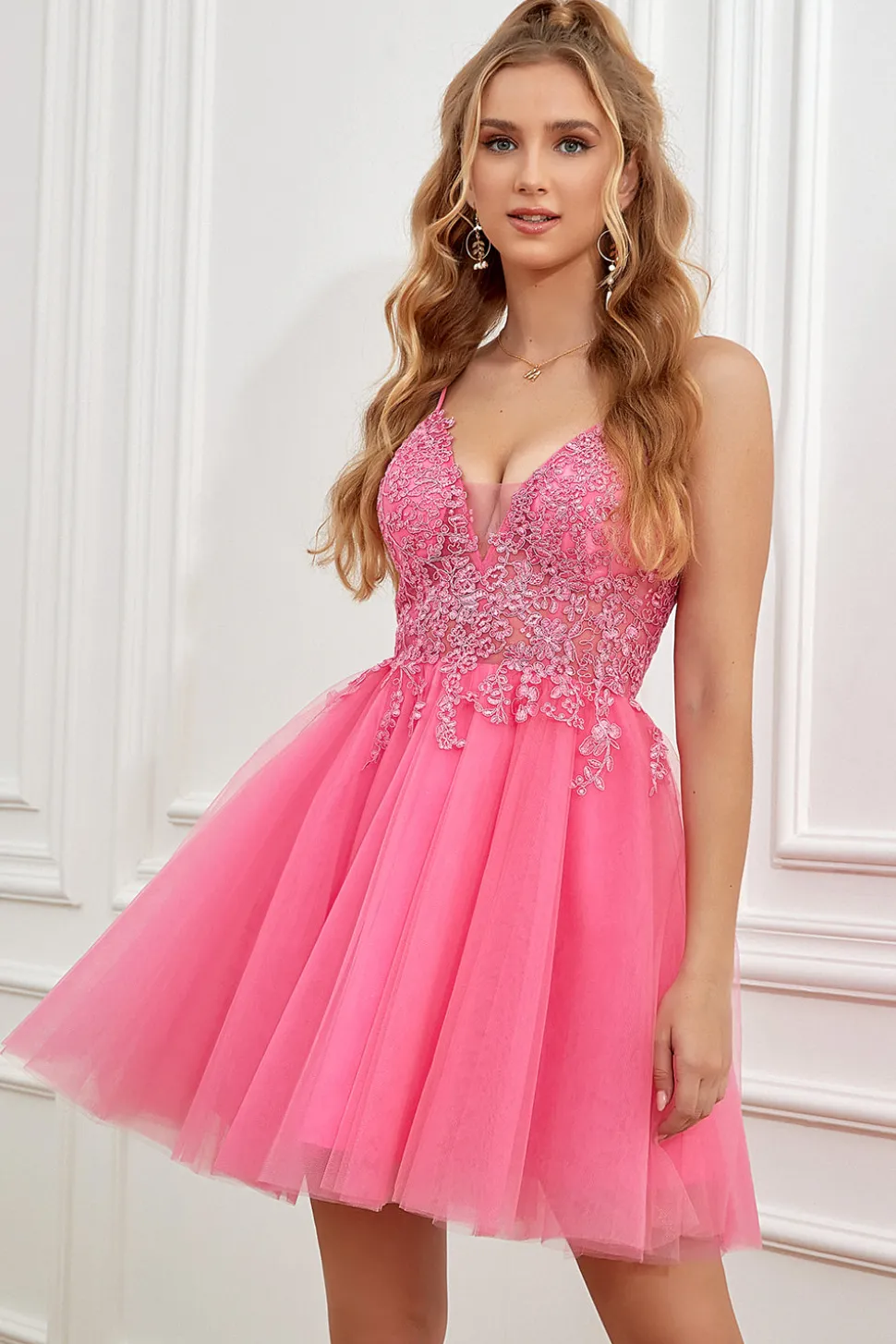 Fuchsia Spaghetti Tiras Vestido de festa curto sem costas linha A