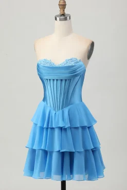 Fuchsia Strapless Corset Tiered A Line Short Homecoming Dress