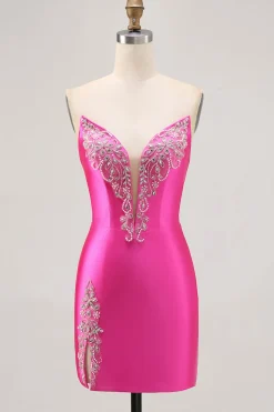 Fuchsia Strapless friso bodycon Homecoming vestido com fenda