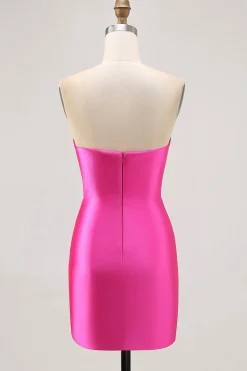 Fuchsia Strapless friso bodycon Homecoming vestido com fenda