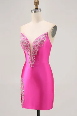 Fuchsia Strapless friso bodycon Homecoming vestido com fenda