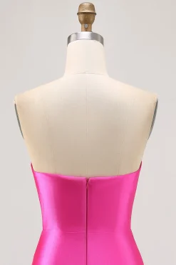 Fuchsia Strapless friso bodycon Homecoming vestido com fenda