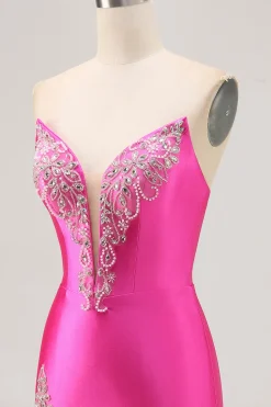 Fuchsia Strapless friso bodycon Homecoming vestido com fenda