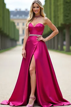 Fuchsia Strapless Uma linha vestido de baile com fenda