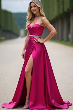 Fuchsia Strapless Uma linha vestido de baile com fenda