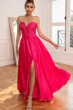 Fuchsia Strapless Vestido de baile com fenda